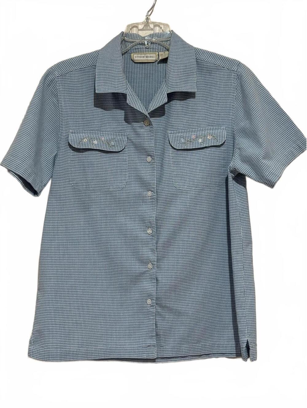 Studio Works Blue and White Checkered Button-Up Blouse with Embroidered Pockets,